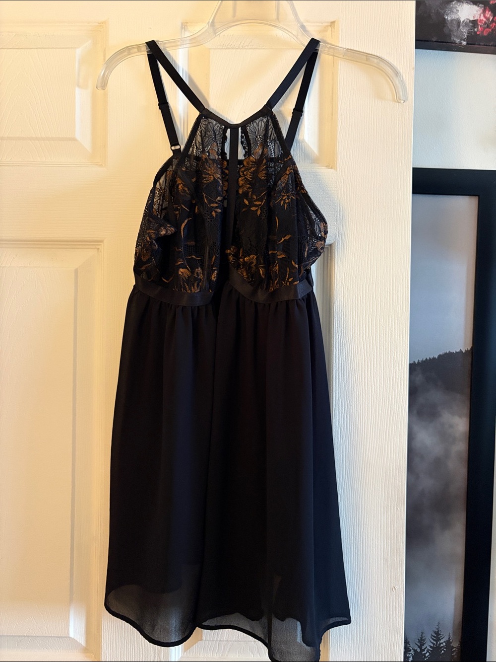Elegant Black Chemise with Metallic Gold Lace Bodice